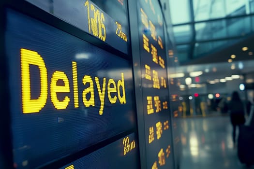 An airport departure board displays multiple flights labeled as Delayed, indicating widespread disruptions, possibly due to an airline strike or technical problems with the aircraft..