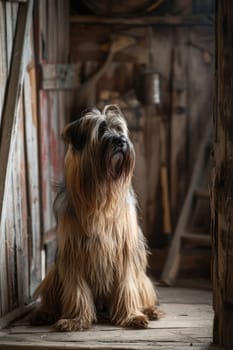 Briard with a shaggy coat sits in a rustic barn, exuding a rugged charm. natural lighting enhances its earthy, cozy presence, making it a suitable image for rustic decor or pet-themed designs.
