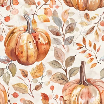 A decorative arrangement of watercolored pumpkins and autumn leaves in shades of orange, brown, and gold.