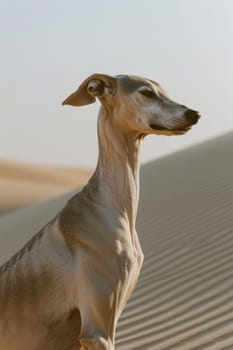 Sloughi dog stands elegantly before expansive desert sand dunes, its athletic build and sleek coat in natural sunlight. the serene, bright sky enhances the tranquil desert atmosphere.