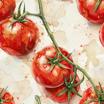 Several vibrant red tomatoes with green stems and water droplets are artistically arranged against a light background.
