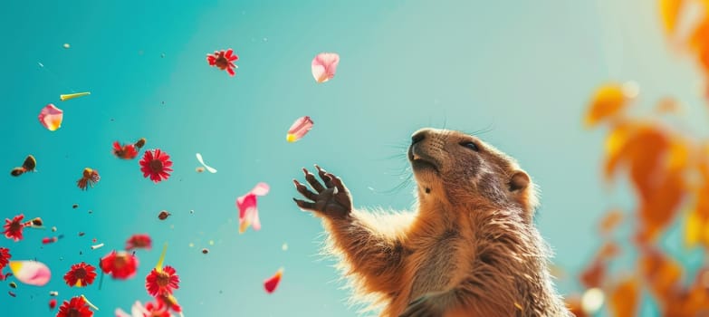 Groundhog joyfully throws vibrant flower petals into the air against a clear blue sky, embodying springtime joy. the scene is bright and playful, ideal for seasonal greeting card designs with ample space for personalized text.