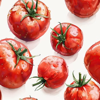Juicy red tomatoes glisten with water droplets, arranged artistically against a light backdrop, showcasing their vibrant color and freshness.