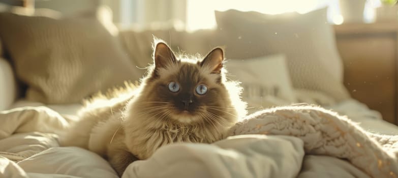 Fluffy ragdoll cat with striking blue eyes lounges comfortably on a plush cream sofa in a sunlit living room, creating a warm and inviting atmosphere with soft textures and gentle lighting.