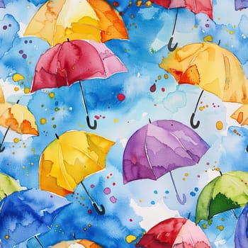 A vibrant display of various colored umbrellas against a blue background, creating a playful and artistic rain-themed atmosphere.