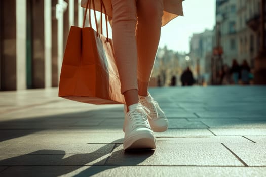Stylish woman holds a paper bag in her hands with space for text or logo on a white background. High quality illustration