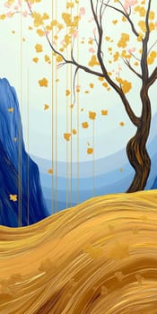 Abstract landscape painting with golden texture and tree with pink flowers, creating a luxurious and elegant atmosphere