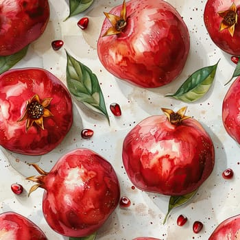 Juicy pomegranates display their rich red hues alongside glossy green leaves, showcasing nature's bounty in a colorful arrangement.