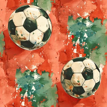 Two soccer balls are prominently displayed against a vivid red and green abstract background, creating an energetic and colorful composition.
