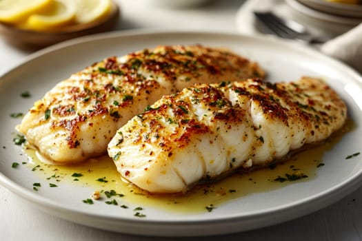 Fine dining chef cooking grilled fish fillet in creamy butter lemon or cajun spicy sauce with herbs.