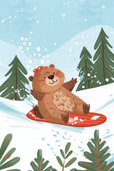 A lively groundhog day card featuring a cheerful groundhog joyfully snowboarding down a snowy hill. surrounding evergreens and hints of green grass peeking through the snow create a whimsical, playful atmosphere perfect for celebration.