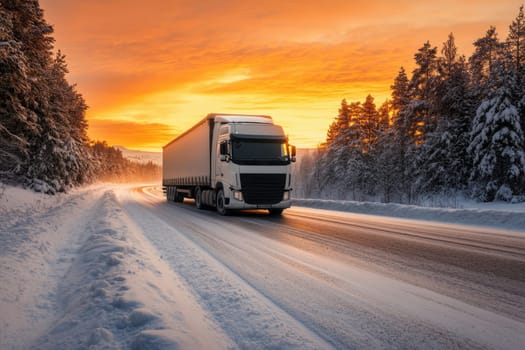 Large truck driving on a road in winter, snow covered landscape and sunset sky background.