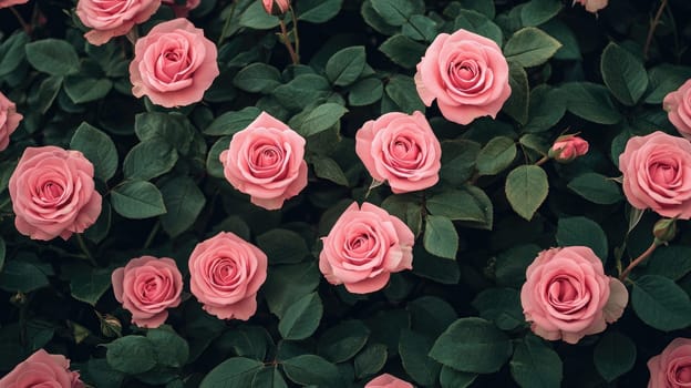 A garden full of blooming pink roses thrives in the warm sunlight of late spring, their soft petals contrasting beautifully with the surrounding green leaves.