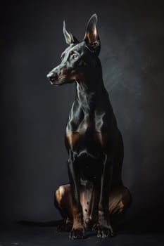 Doberman pinscher sits poised against a dark backdrop, its glossy black coat and muscular build. the soft lighting accentuates the dog's alert posture and elegant stature, perfect for sophisticated decor or breed enthusiasts.