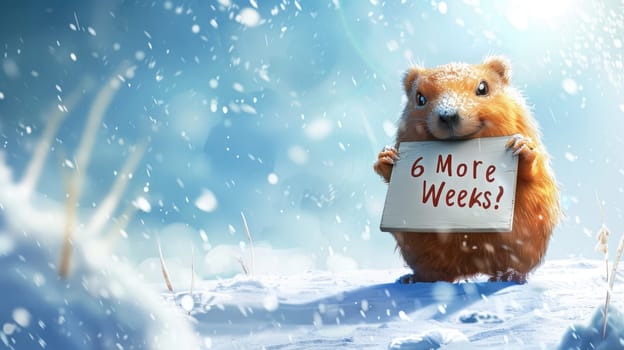 A charming groundhog day card shows an adorable groundhog in a snowy landscape holding a sign reading "6 more weeks?" the bright sunshine breaking through the clouds adds a cheerful touch, while space for text lies on the right.