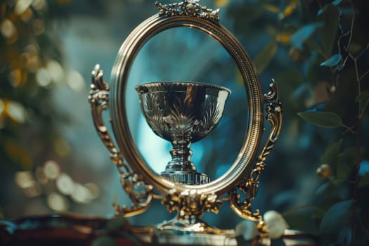 A photorealistic depiction of corporate awards and trophies elegantly reflected in a vintage mirror. the composition emphasizes the significance of recognition in enhancing business reputation, with natural, soft lighting enhancing the scene.