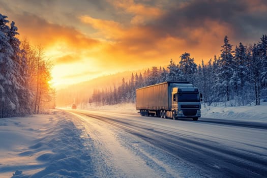 Large truck driving on a road in winter, snow covered landscape and sunset sky background.
