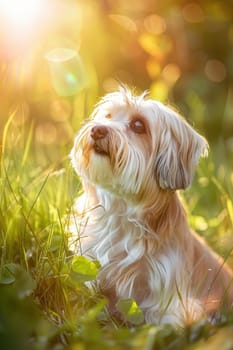 A havanese dog sits in a sunlit park, surrounded by greenery. its fluffy coat and bright, cheerful expression are highlighted by soft natural light, creating a warm and serene atmosphere.