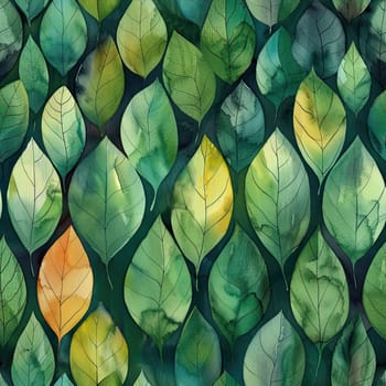 A vibrant pattern of watercolor leaves showcases various green shades with touches of yellow and orange.