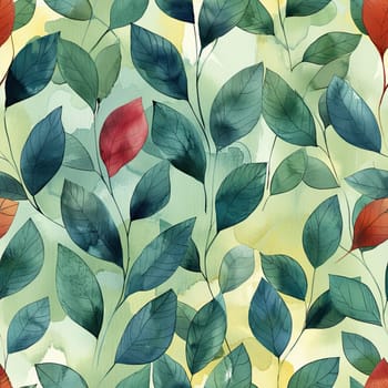 Vibrant leaves of various shapes and colors are arranged on a gentle, abstract watercolor backdrop.