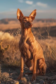 A peruvian inca orchid poses elegantly in a sunlit desert, its distinctive hairless skin glowing in the warm sunlight. the backdrop features arid terrain and distant hills, the dog's unique appearance and grace.