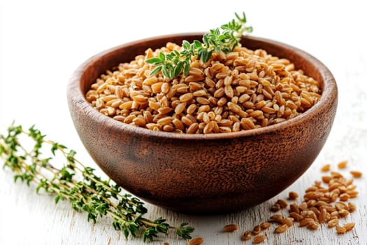 Organic farro grains and a sprig of thyme isolated background..