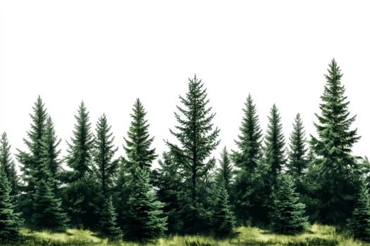 A group of lush evergreen pine trees with dense green foliage, standing tall and isolated against a white background..