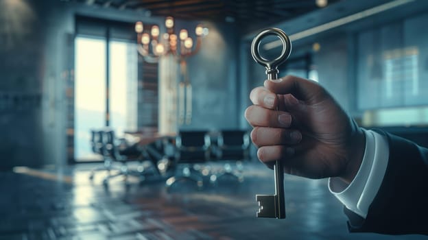 Business leader holding a large key in a sleek, modern conference room setting, symbolizing the pivotal role of leadership in unlocking team potential and knowledge. photorealistic details create a professional atmosphere.