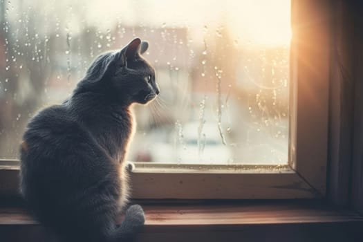 A russian blue cat sits gracefully on a wooden windowsill, illuminated by warm sunlight casting gentle shadows on its sleek gray fur. the scene exudes elegance and tranquility, capturing a peaceful moment in soft light.