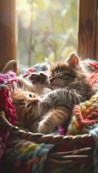 Two adorable kittens frolic in a basket filled with vibrant, soft blankets, basking in sunlight. the heartwarming scene is ideal for promoting pet adoption or creating cheerful pet-themed designs and merchandise.