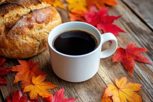 bread and coffee placed on a wooden surface , maple leaves autumn decoration, bakery scene..