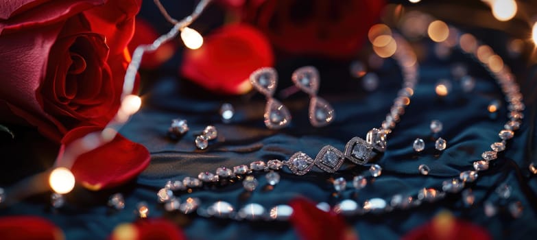 Elegant display of diamond earrings, necklace, and bracelet set on luxurious velvet. illuminated with soft lighting and surrounded by delicate rose petals, creating a romantic and glamorous atmosphere.