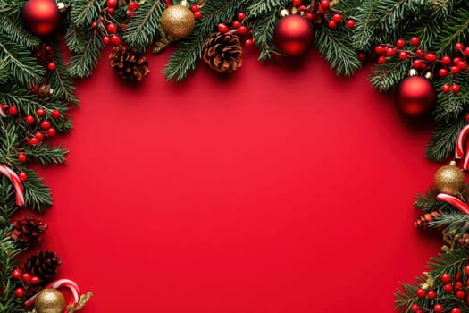 Christmas border composition with gift box , fir branches and red and gold christmas balls on a red background with copy space.