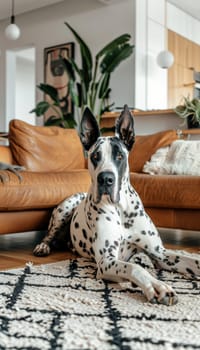 A great dane rests on a stylish rug in a contemporary living room, exuding warmth and friendliness. the modern decor, with leather sofas and lush plants, complements the dog's gentle expression, creating a cozy atmosphere.