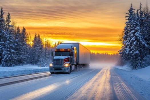 Large truck driving on a road in winter, snow covered landscape and sunset sky background.