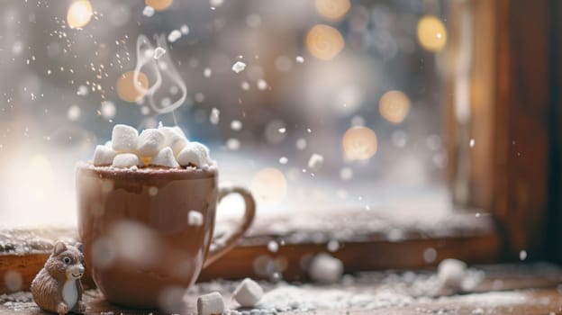 A warm cup of hot chocolate with fluffy marshmallows rests on a wooden table beside a cute groundhog figurine. soft snowflakes fall outside the window, creating a serene winter ambiance perfect for cozy settings.