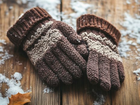 A pair of cozy, knitted gloves rests on a rustic wooden table, surrounded by soft snow and scattered autumn leaves, reflecting a serene winter atmosphere.