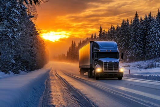 Large truck driving on a road in winter, snow covered landscape and sunset sky background.