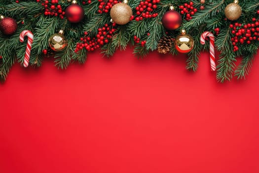 Christmas border composition with gift box , fir branches and red and gold christmas balls on a red background with copy space.