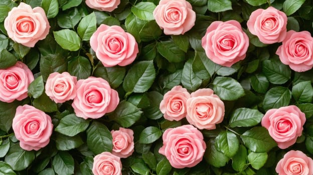 Soft pink roses bloom abundantly among rich green leaves, creating a striking visual in a garden that captures the essence of natural beauty.
