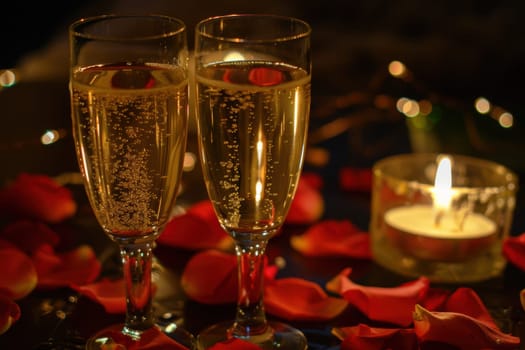 Two glasses of champagne elegantly clink amid soft candlelight and scattered rose petals, embodying the romantic essence of valentine's day celebrations and creating a warm, intimate ambiance.
