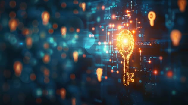Illuminated key in a digital network highlights the integration of knowledge in business strategy. surrounding symbols like graphs and light bulbs represent innovation, connectivity, and insight in high-detail photorealism.