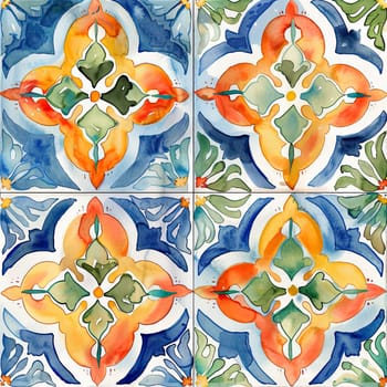 Vibrant watercolor tiles display intricate geometric and floral patterns in shades of blue, orange, green, and yellow.