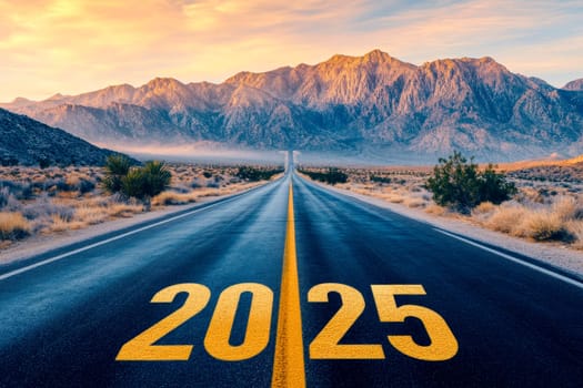 Road to 2025 with an empty road with written 2025 and arrow pointing towards the horizon to represent the future and positivity and success of the new year 2025. High quality illustration
