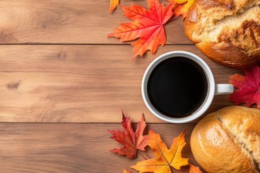 bread and coffee placed on a wooden surface , maple leaves autumn decoration, bakery scene..