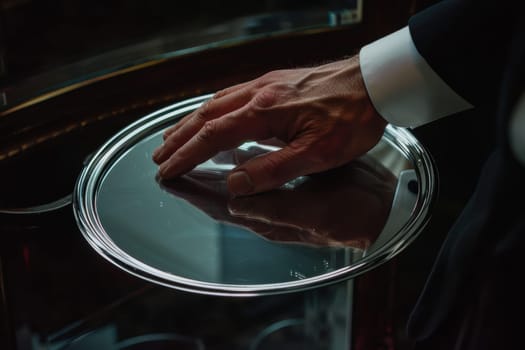 A hand meticulously polishes a reflective mirror, symbolizing the importance of maintaining a clear and pristine business reputation. captured in high detail photorealism, soft lighting enhances the serene setting.