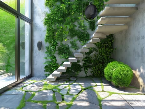 This contemporary indoor area showcases a stylish staircase surrounded by vibrant greenery. The space is filled with natural light, enhancing the serene atmosphere.