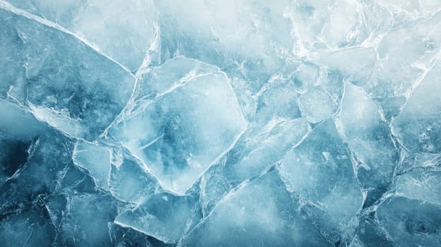 The composition showcases various irregularly shaped ice chunks, reflecting light and creating an intriguing visual texture in a serene, cool setting.
