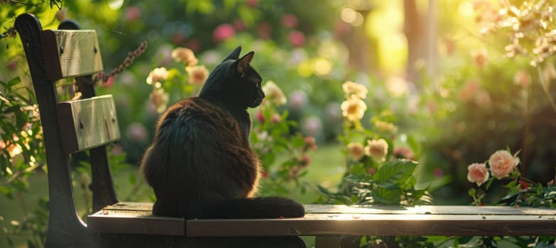 Black cat sits peacefully on a wooden bench in a sunlit garden filled with lush greenery and vibrant flowers. the serene atmosphere and soft lighting create an ideal backdrop for nature-themed designs.