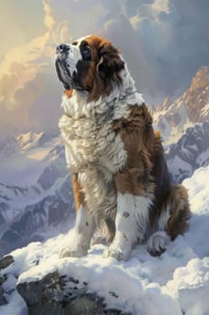 Saint bernard depicted in a serene snowy mountain setting, its massive frame and thick coat. soft winter light adds warmth, perfect for conveying themes of protection and tranquility in design projects.